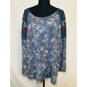 Hannah Woman Boho Floral Sheer Embroidered Long Sleeve‎ Blue Top 2X
